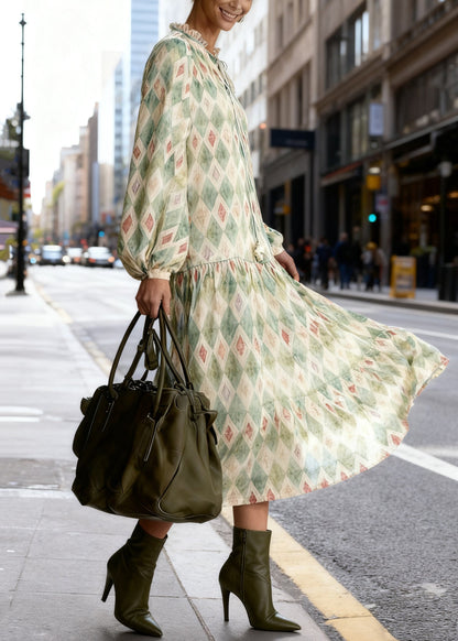 High Neck Ruffle Collar Tie-Front Diamond Check Drop Waist Flare Sleeve Midi Dress