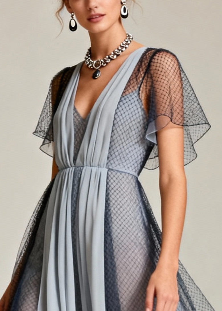 Deep V-Neck Ruched Bodice Mesh Overlay Butterfly Sleeve Asymmetric Midi Dress