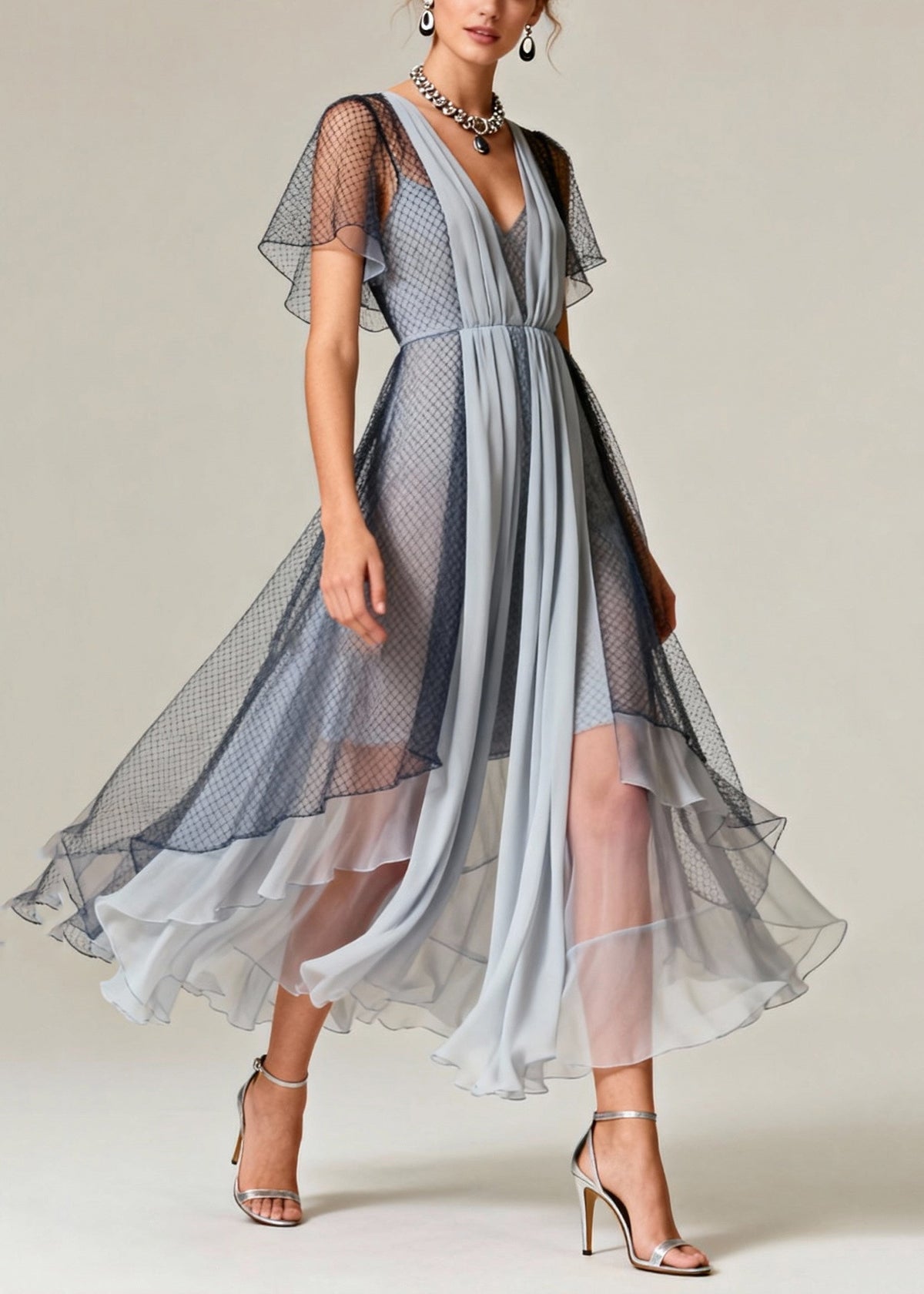 Deep V-Neck Ruched Bodice Mesh Overlay Butterfly Sleeve Asymmetric Midi Dress