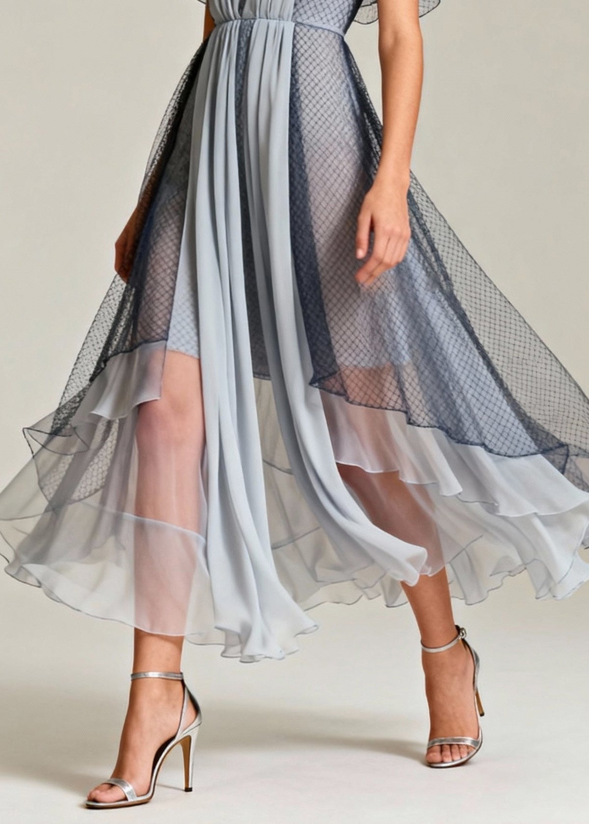 Deep V-Neck Ruched Bodice Mesh Overlay Butterfly Sleeve Asymmetric Midi Dress