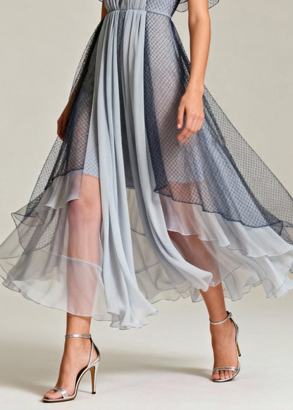 Deep V-Neck Ruched Bodice Mesh Overlay Butterfly Sleeve Asymmetric Midi Dress