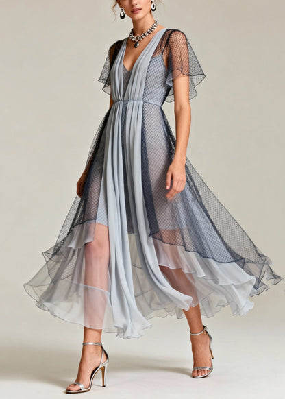 Deep V-Neck Ruched Bodice Mesh Overlay Butterfly Sleeve Asymmetric Midi Dress