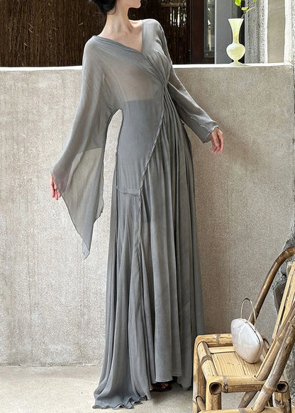 Deep V Neck Billow Sleeve Sheer Draped Maxi Dress
