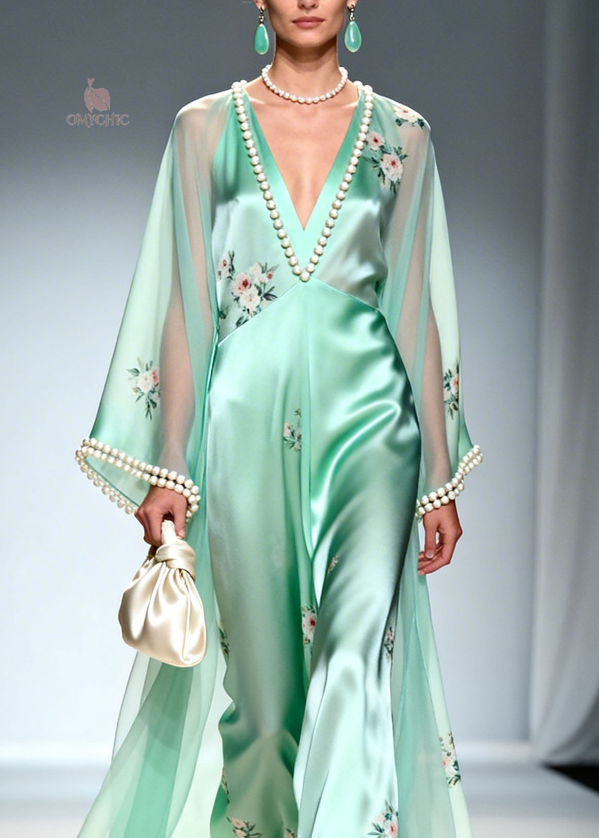 Pearl Trim Deep V-Neck Floral Embroidery Wide-Leg Jumpsuit