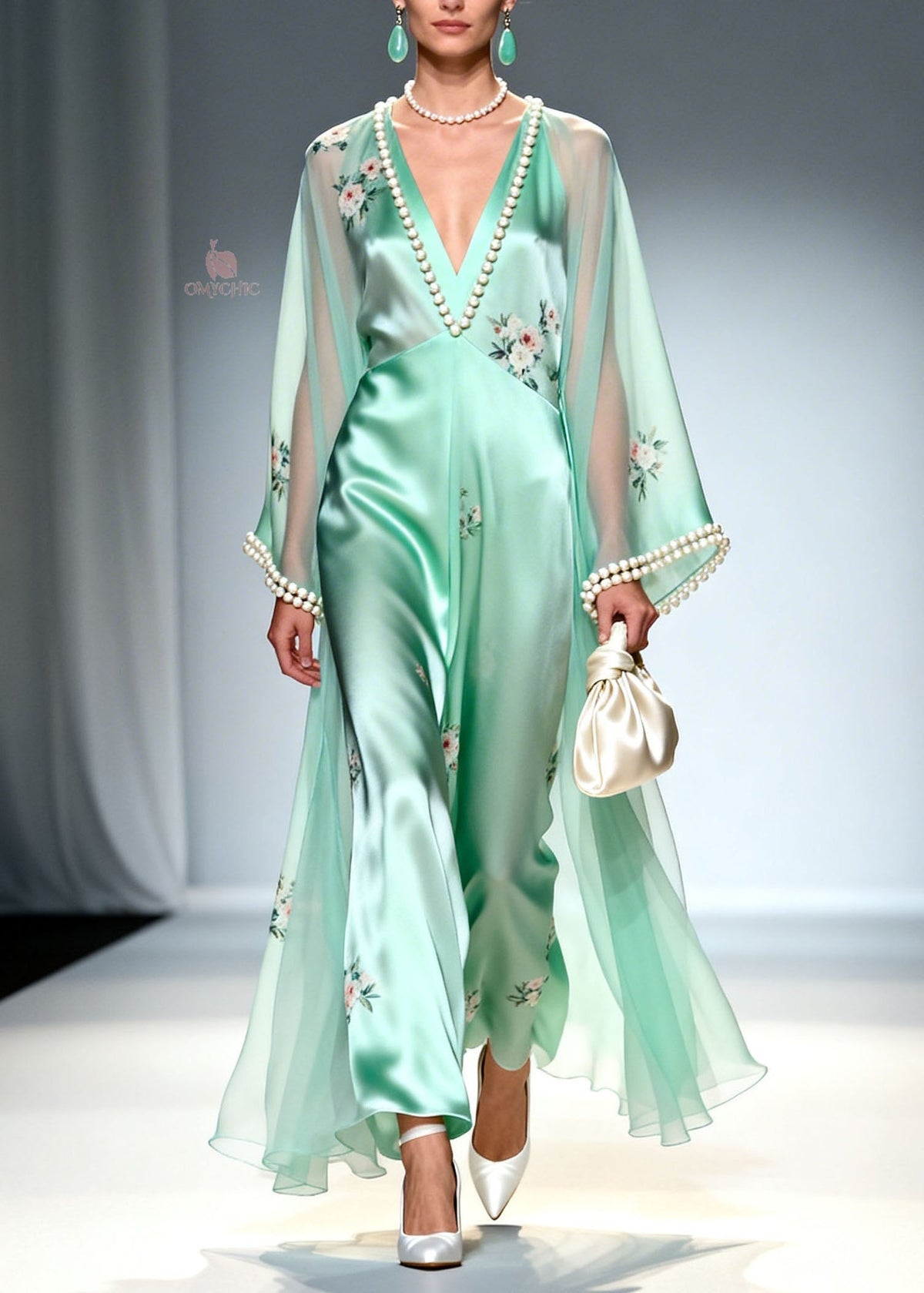 Pearl Trim Deep V-Neck Floral Embroidery Wide-Leg Jumpsuit