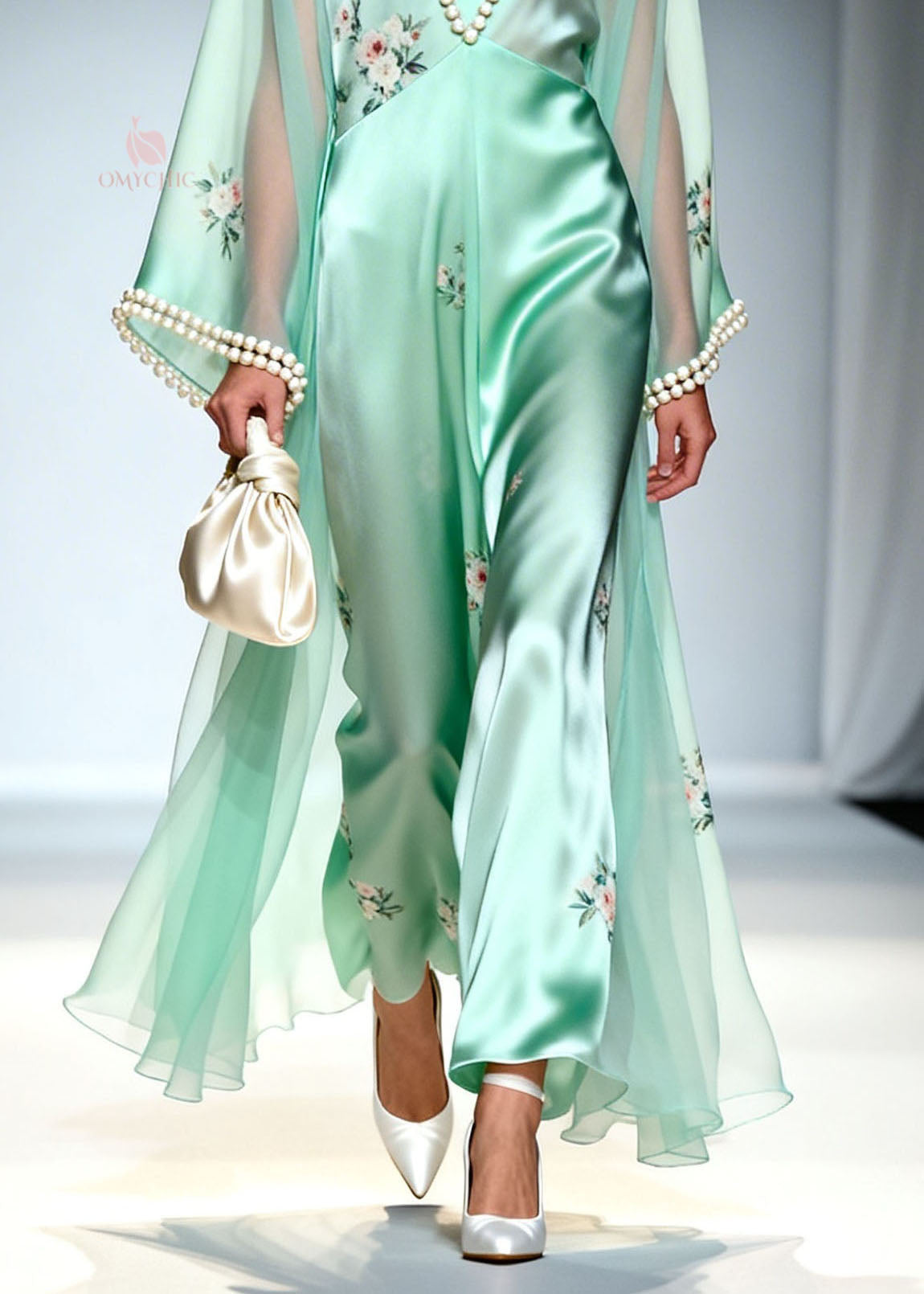 Pearl Trim Deep V-Neck Floral Embroidery Wide-Leg Jumpsuit