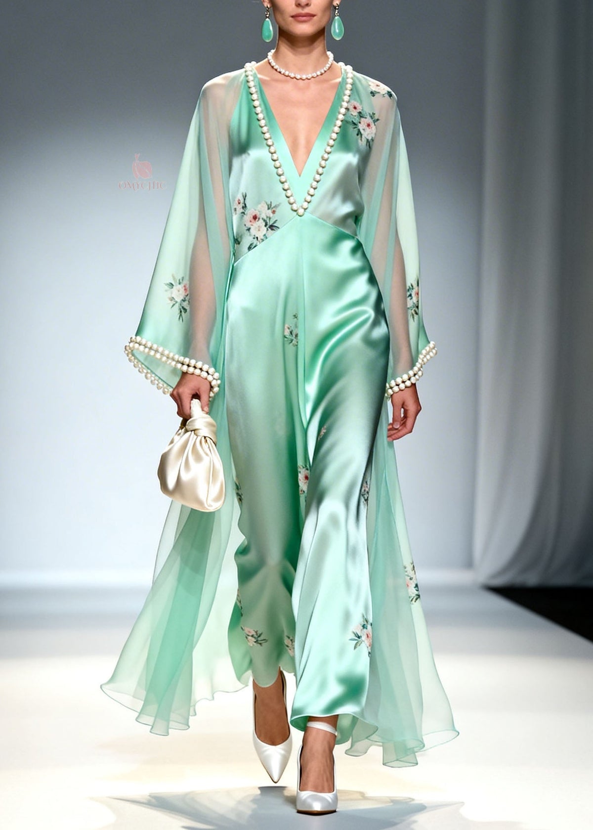 Pearl Trim Deep V-Neck Floral Embroidery Wide-Leg Jumpsuit