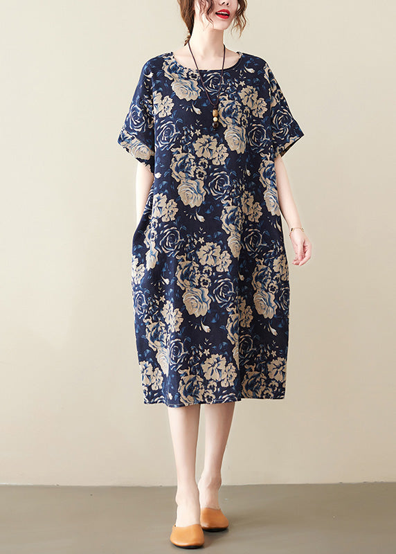 Scoop Neck Short Sleeve Oversized Classic Floral Print Linen Midi Dress