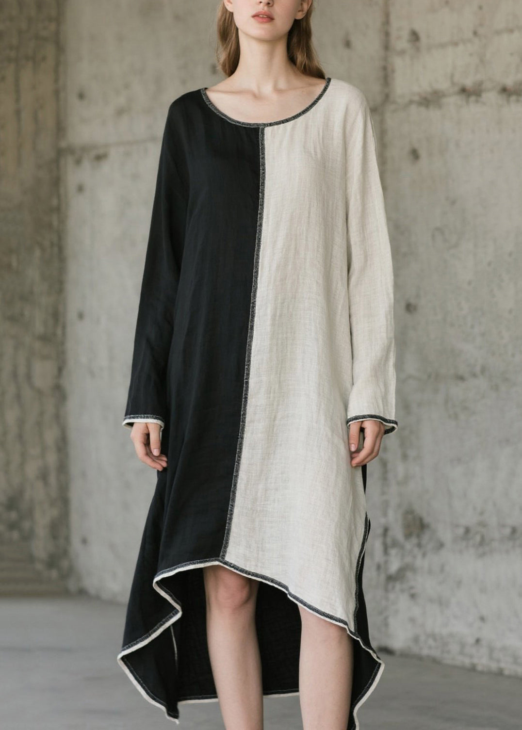 Scoop Neck Colorblock Contrast Piped Asymmetric Hem Linen Midi Dress