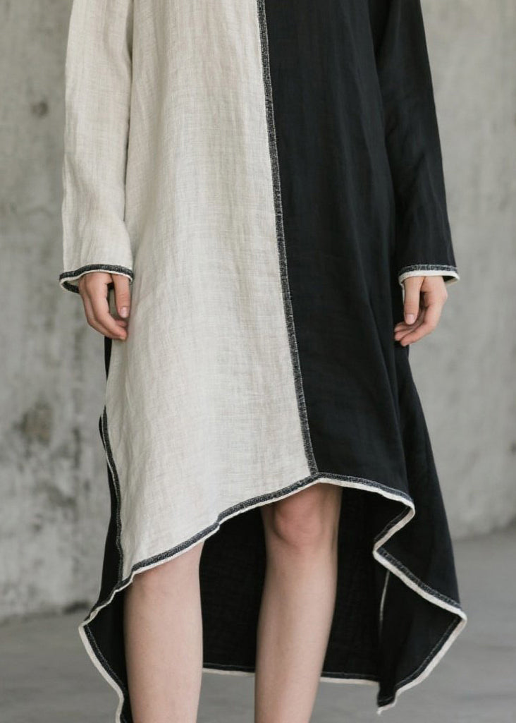 Scoop Neck Colorblock Contrast Piped Asymmetric Hem Linen Midi Dress