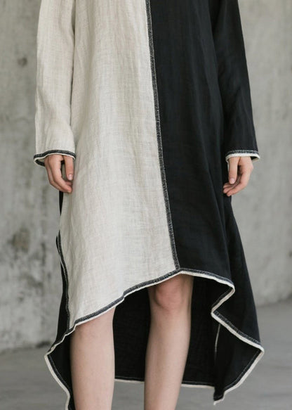 Scoop Neck Colorblock Contrast Piped Asymmetric Hem Linen Midi Dress