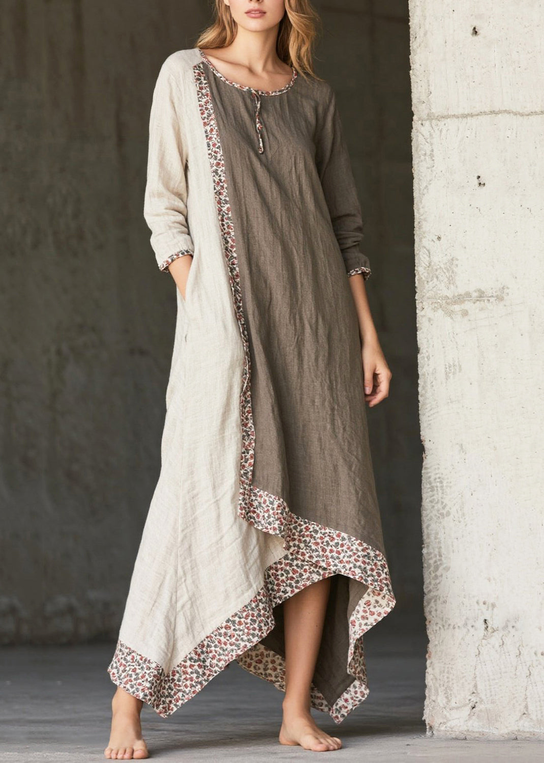 Round Neck Floral Trim Panel Asymmetric Handkerchief Hem Maxi Dress