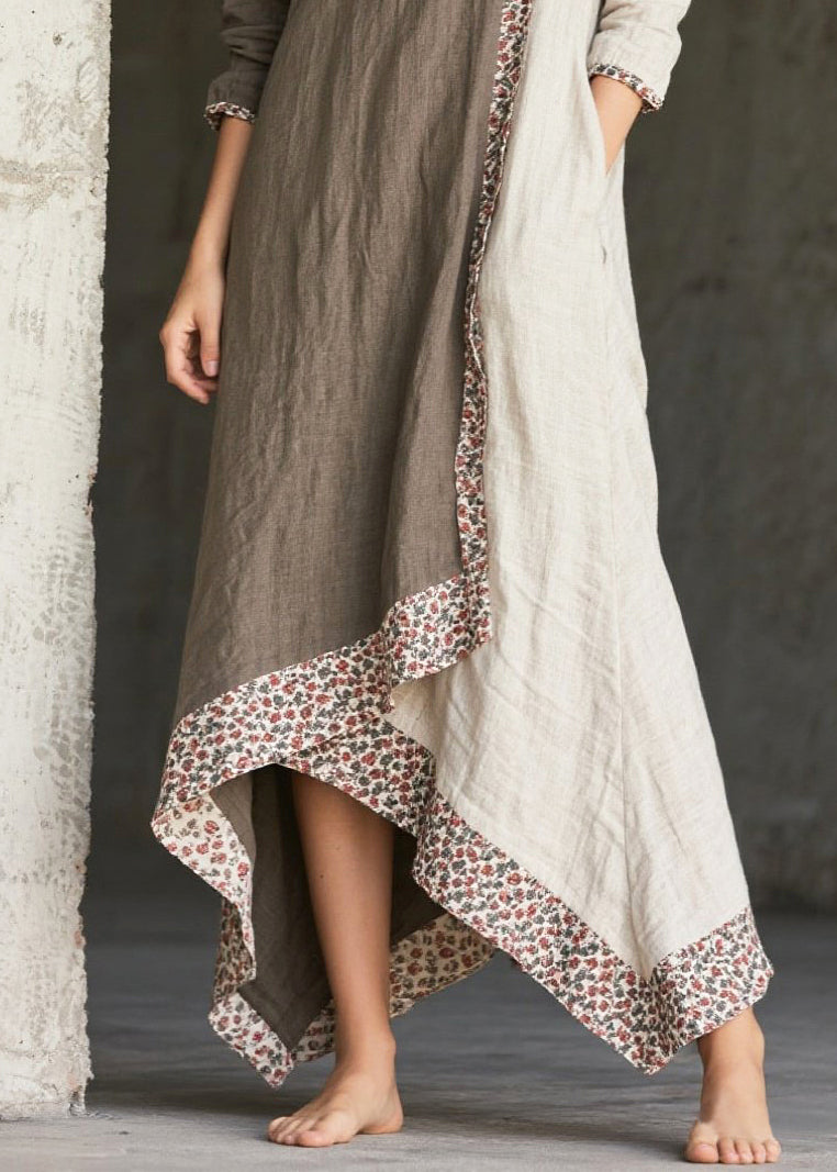 Round Neck Floral Trim Panel Asymmetric Handkerchief Hem Maxi Dress