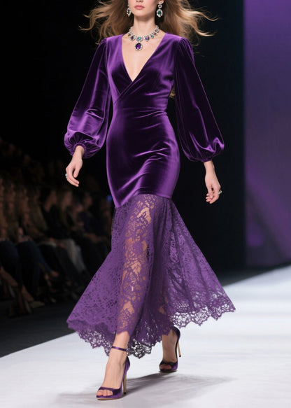 Deep V-Neck Lantern Sleeve Velvet Bodice Floral Lace Mermaid Maxi Gown
