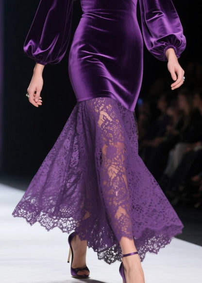 Deep V-Neck Lantern Sleeve Velvet Bodice Floral Lace Mermaid Maxi Gown