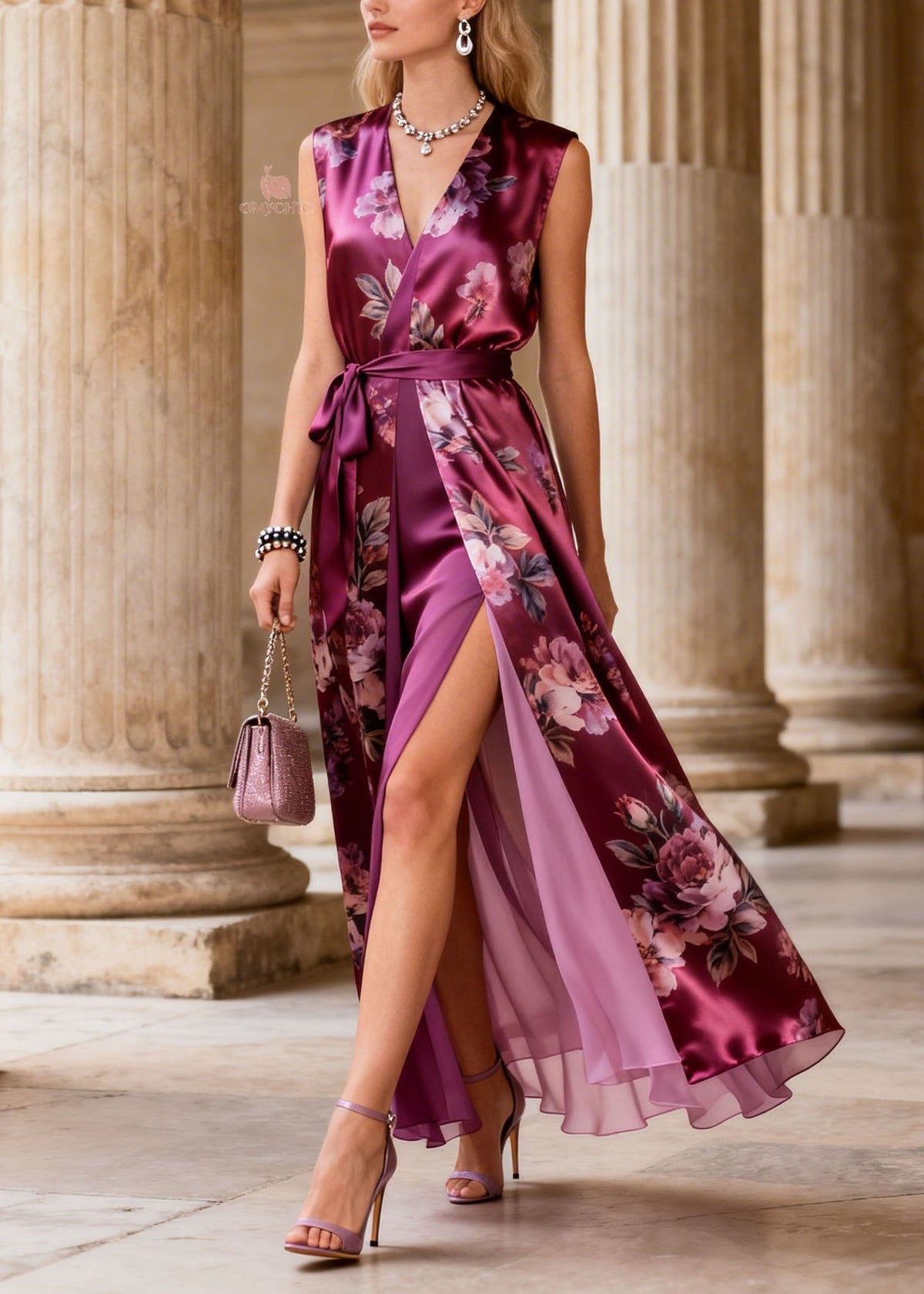 Sleeveless Deep V-Neck Wrap Belt Floral Print High Slit Layered Maxi Gown