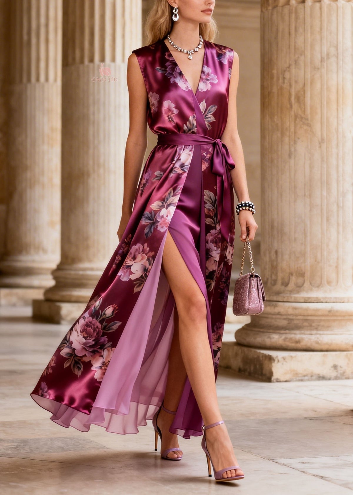 Sleeveless Deep V-Neck Wrap Belt Floral Print High Slit Layered Maxi Gown