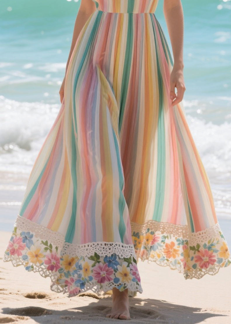 Halter Neck Accordion Pleat Vertical Stripe Floral Crochet Trim Maxi Dress