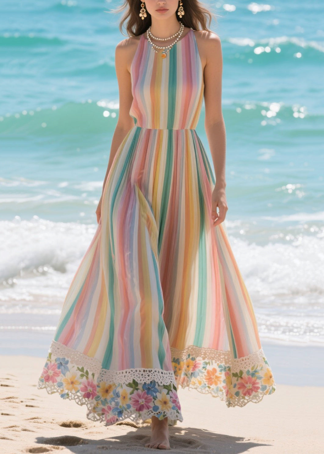 Halter Neck Accordion Pleat Vertical Stripe Floral Crochet Trim Maxi Dress