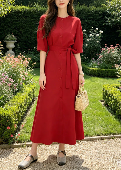 Round Neck Button Front Half Sleeve Self-Tie Belt Maxi Shirt Dress