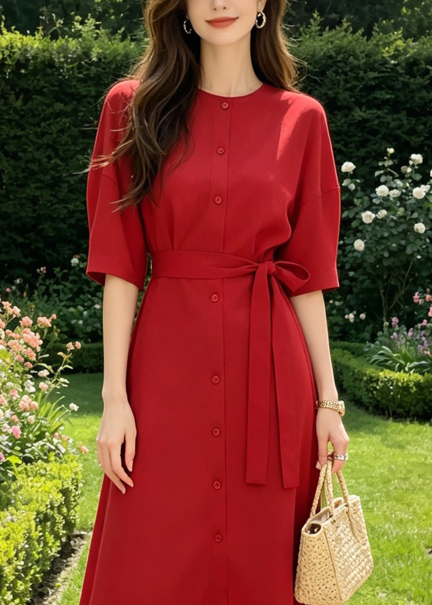 Round Neck Button Front Half Sleeve Self-Tie Belt Maxi Shirt Dress