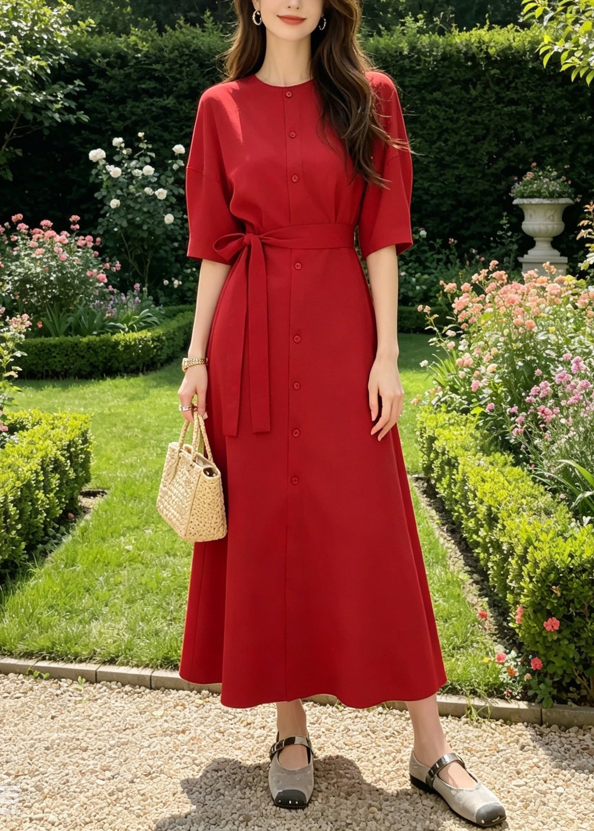 Round Neck Button Front Half Sleeve Self-Tie Belt Maxi Shirt Dress