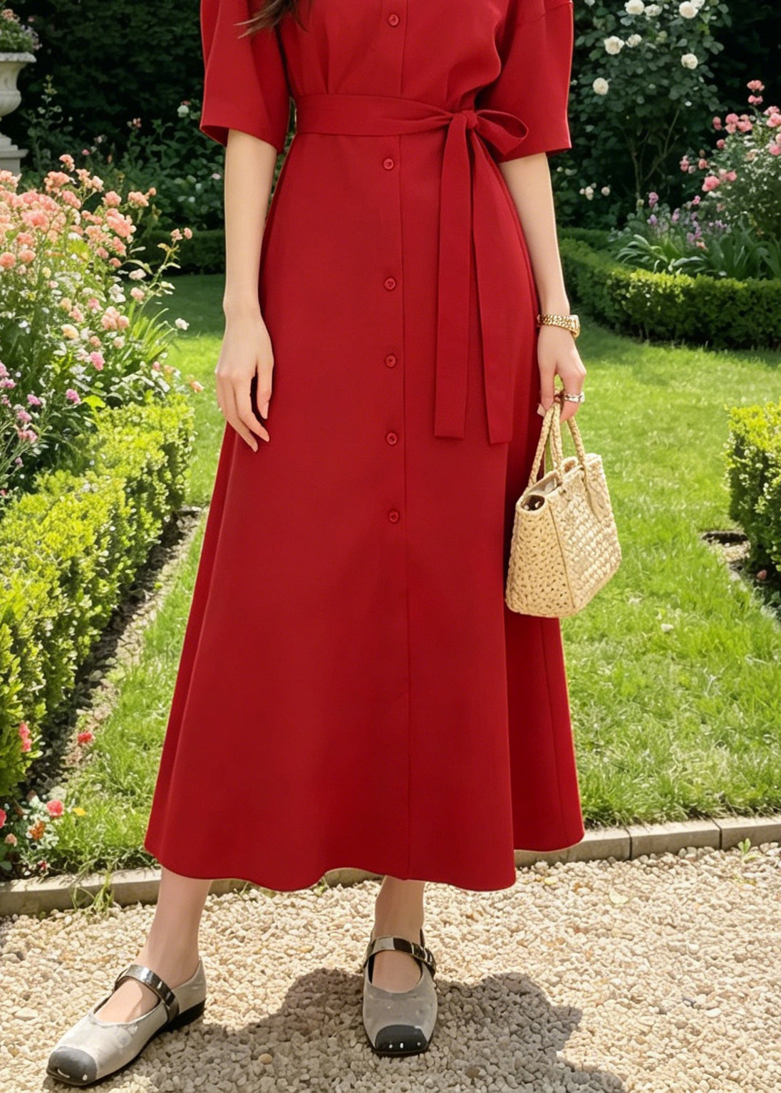 Round Neck Button Front Half Sleeve Self-Tie Belt Maxi Shirt Dress