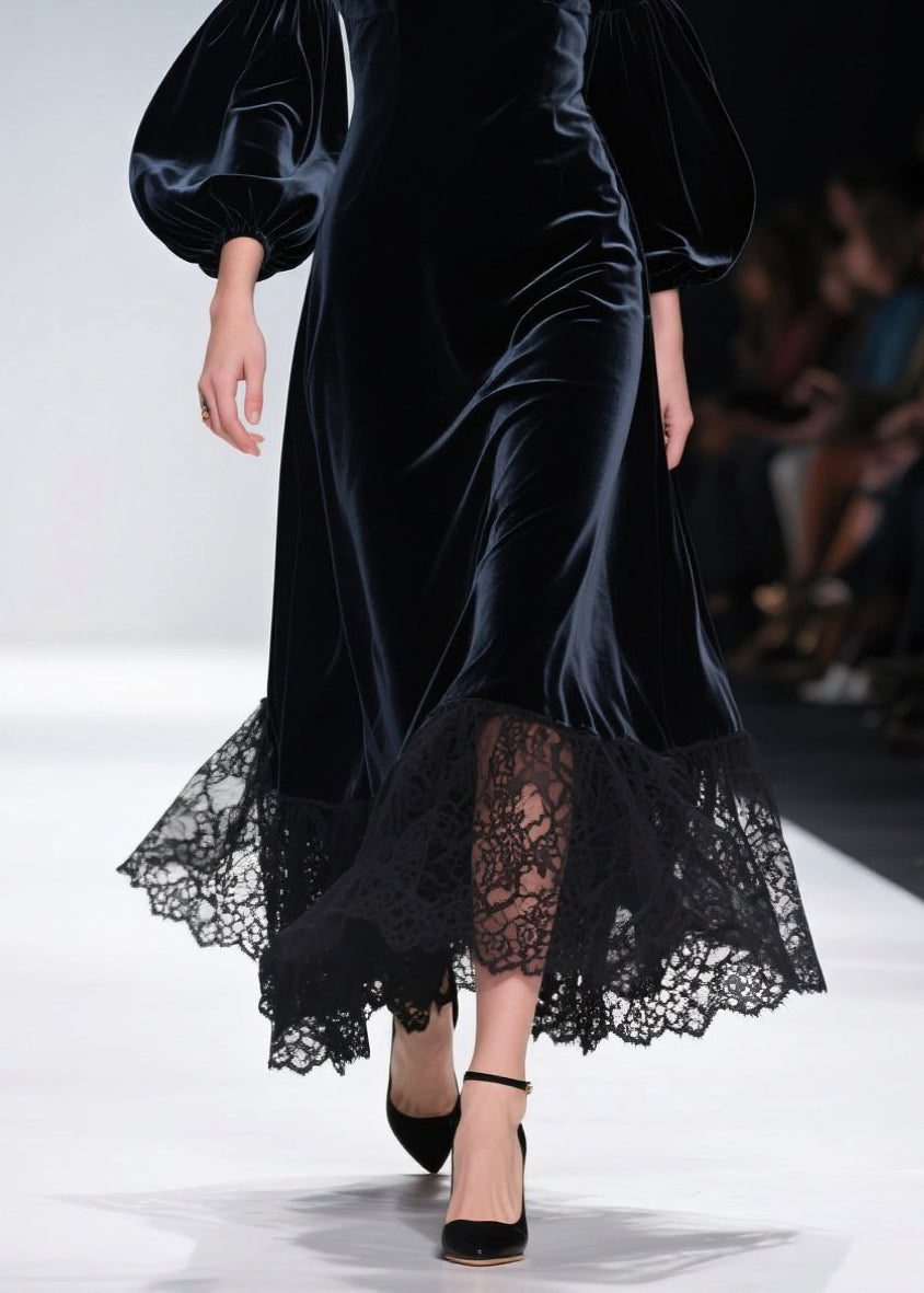 Deep V-Neck Puff Sleeve Lace Trim Scalloped Hem Velvet Midi Dress