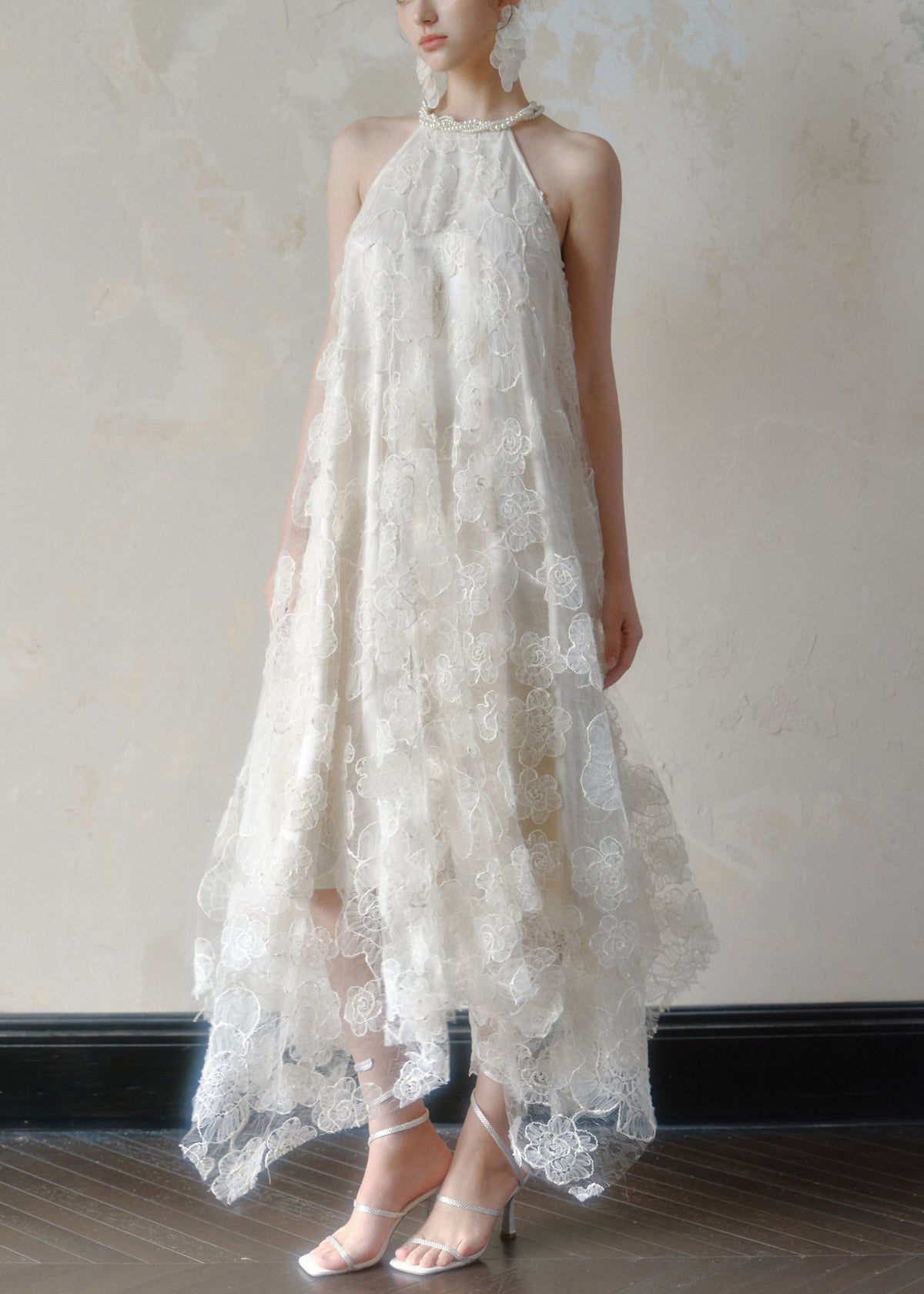 Pearl Trim Halter Neck 3D Floral Lace Handkerchief Hem Maxi Dress