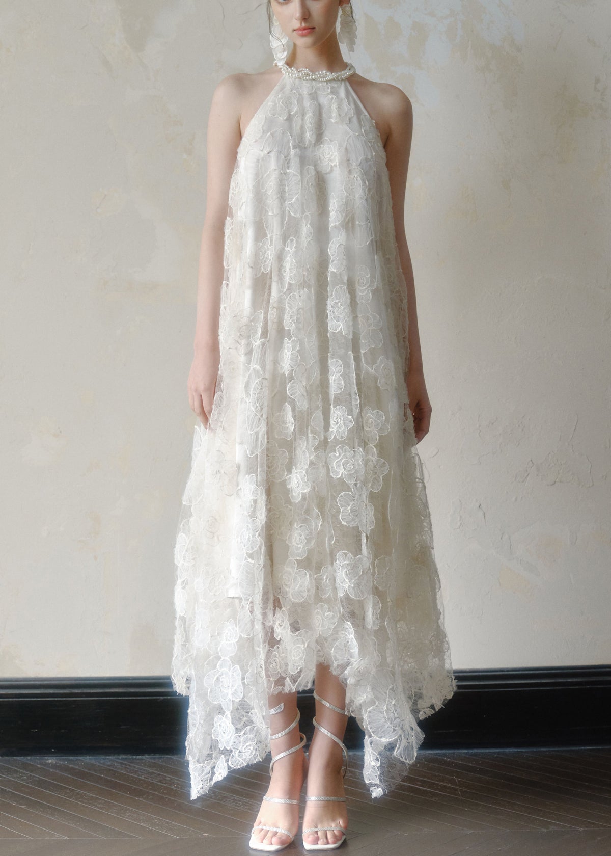 Pearl Trim Halter Neck 3D Floral Lace Handkerchief Hem Maxi Dress