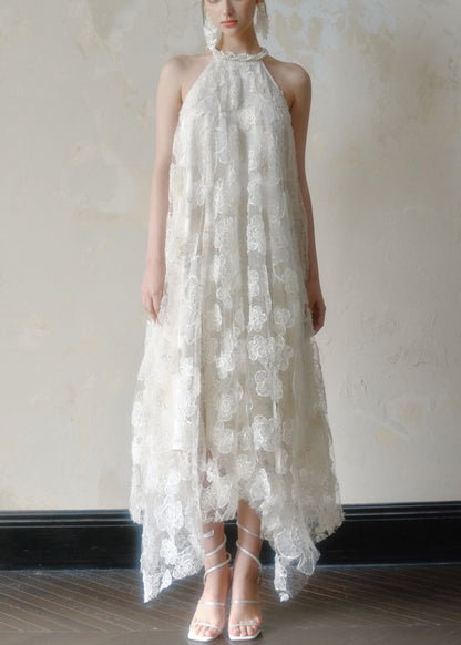 Pearl Trim Halter Neck 3D Floral Lace Handkerchief Hem Maxi Dress