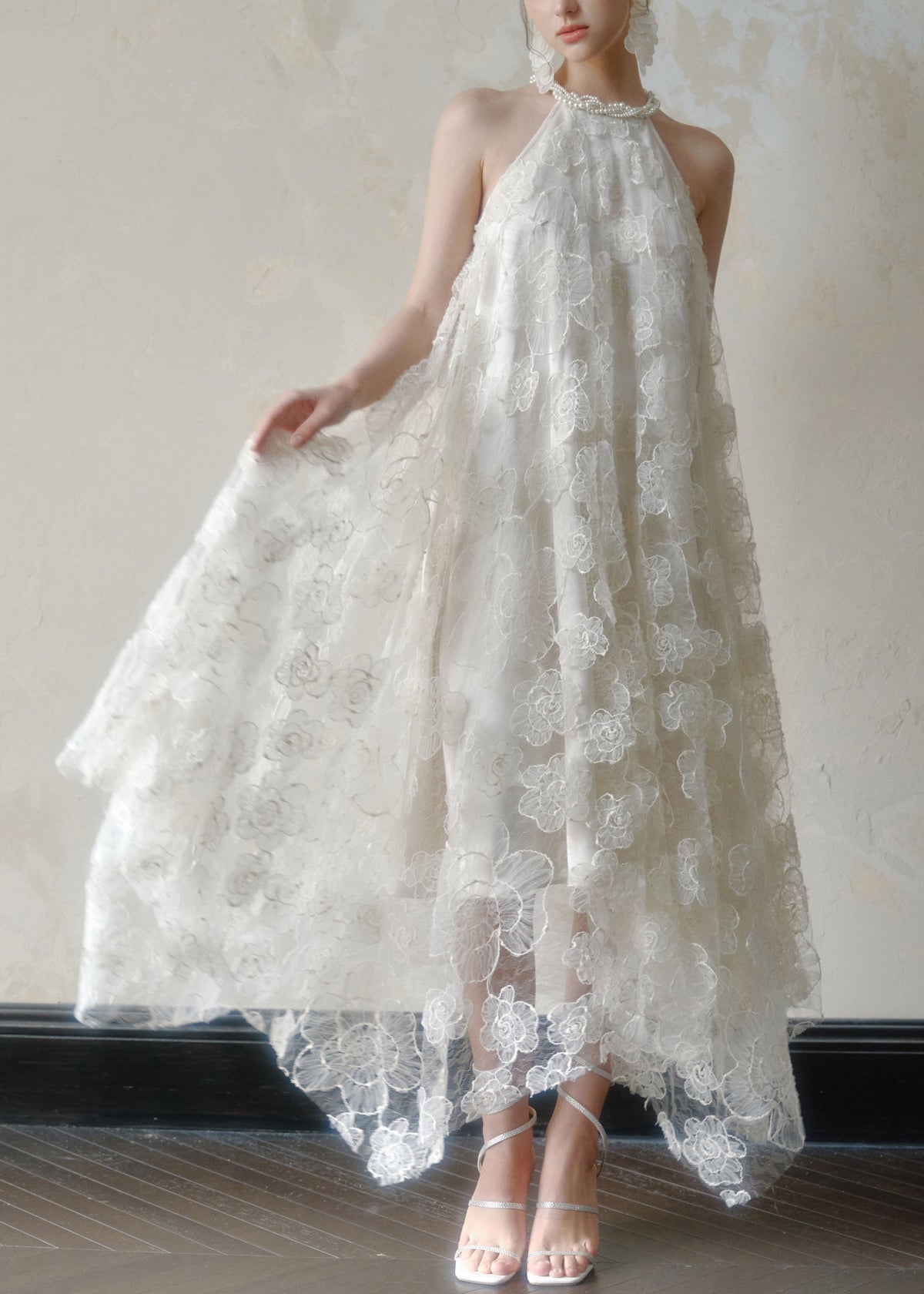 Pearl Trim Halter Neck 3D Floral Lace Handkerchief Hem Maxi Dress