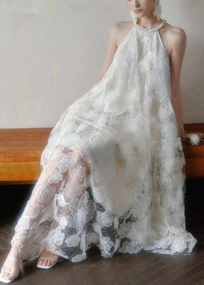 Pearl Trim Halter Neck 3D Floral Lace Handkerchief Hem Maxi Dress
