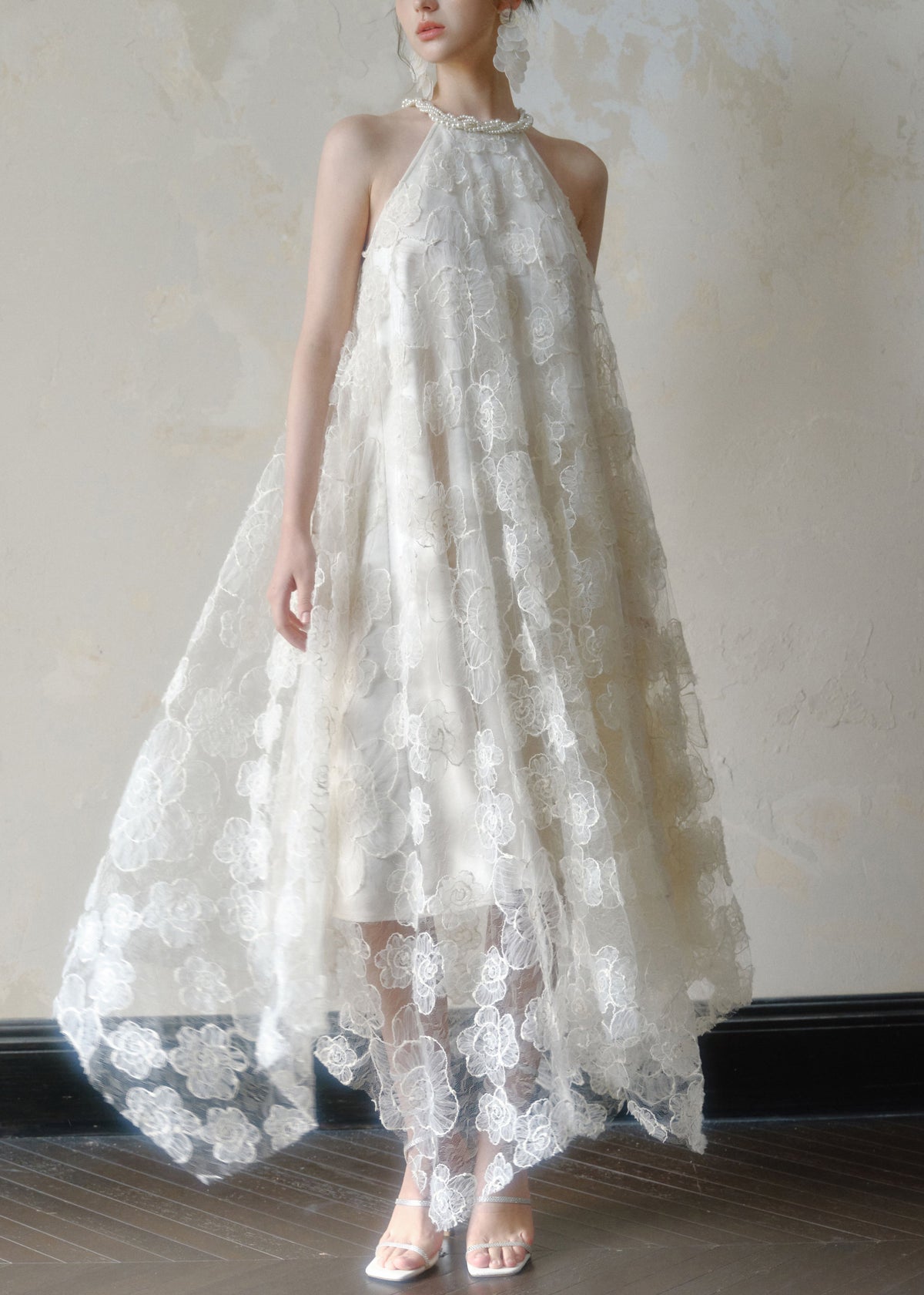 Pearl Trim Halter Neck 3D Floral Lace Handkerchief Hem Maxi Dress