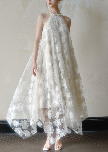 Pearl Trim Halter Neck 3D Floral Lace Handkerchief Hem Maxi Dress