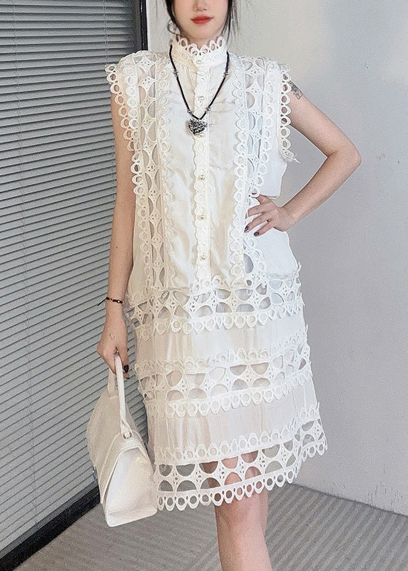 Mandarin Collar Button Front Eyelet Lace Two Piece Set
