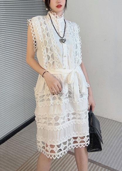 Mandarin Collar Button Front Eyelet Lace Two Piece Set