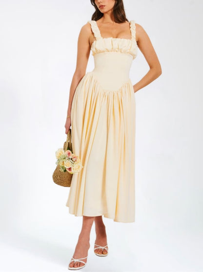 Square Neck Ruffle Strap Ruched Bust Basque Waist Pocket Midi Dress
