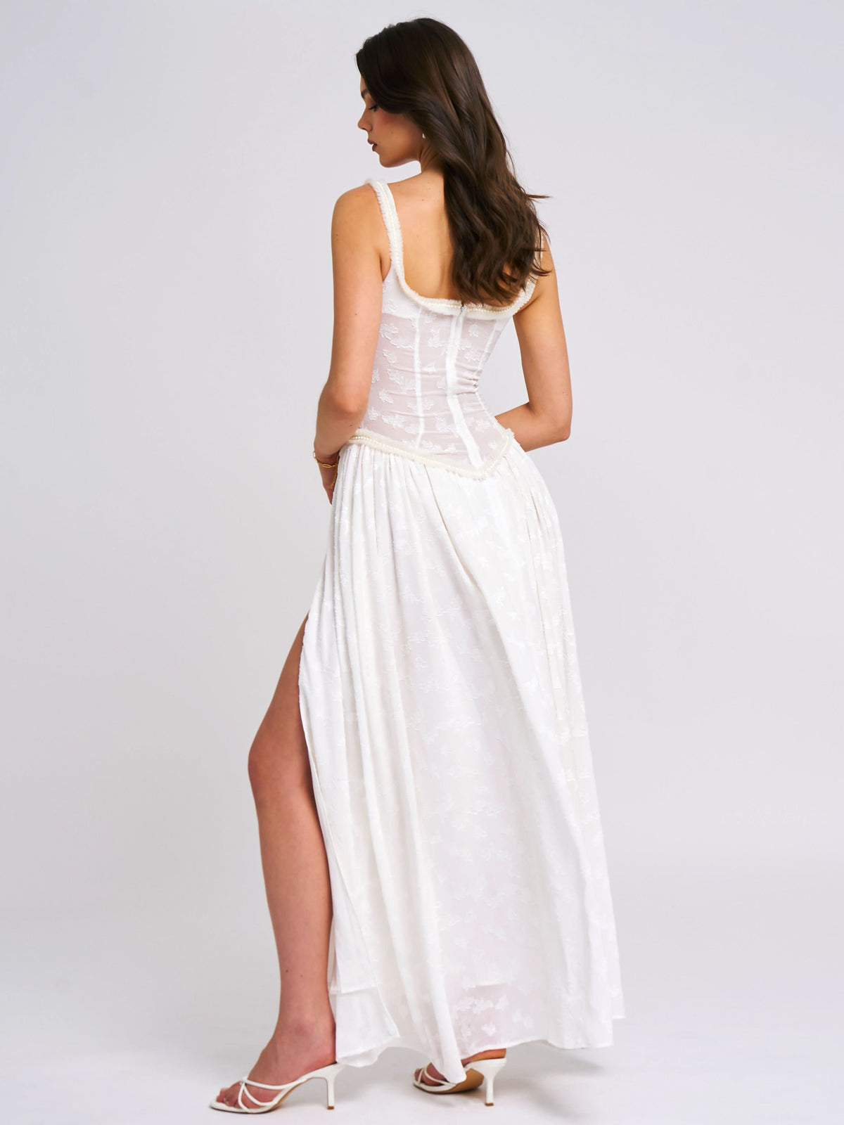 Ruched Bust Corset Waist Ditsy Print High Slit Maxi Dress