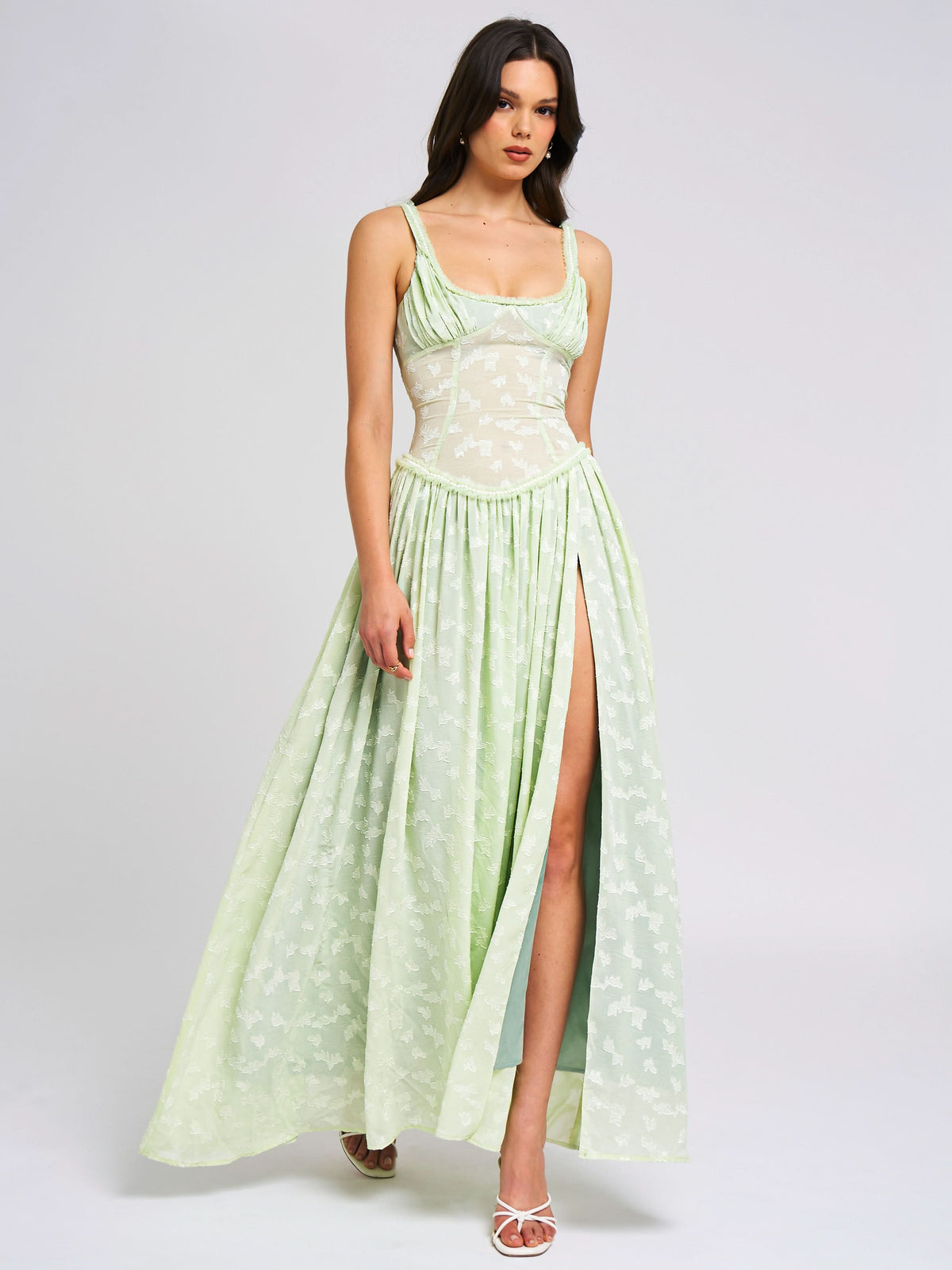 Ruched Bust Corset Waist Ditsy Print High Slit Maxi Dress