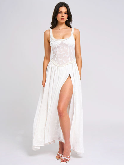 Ruched Bust Corset Waist Ditsy Print High Slit Maxi Dress