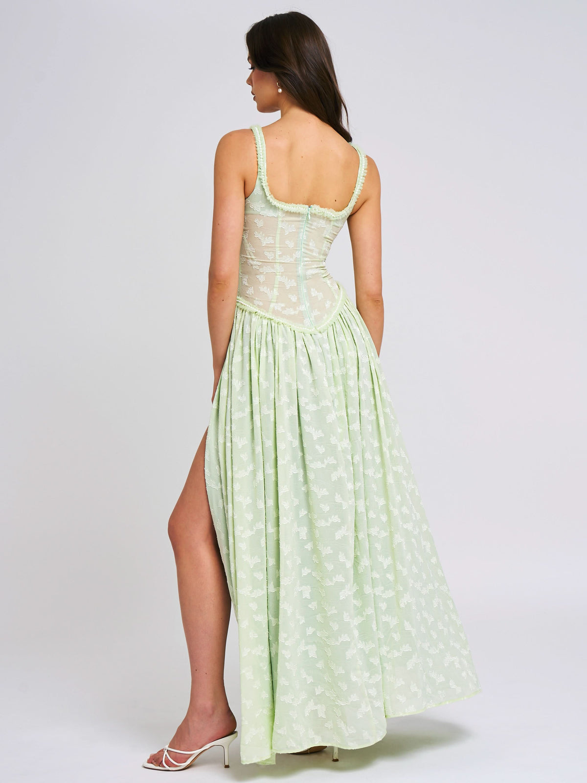 Ruched Bust Corset Waist Ditsy Print High Slit Maxi Dress