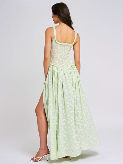 Ruched Bust Corset Waist Ditsy Print High Slit Maxi Dress