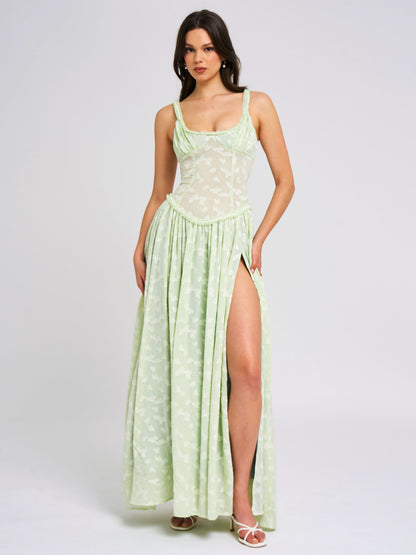 Ruched Bust Corset Waist Ditsy Print High Slit Maxi Dress