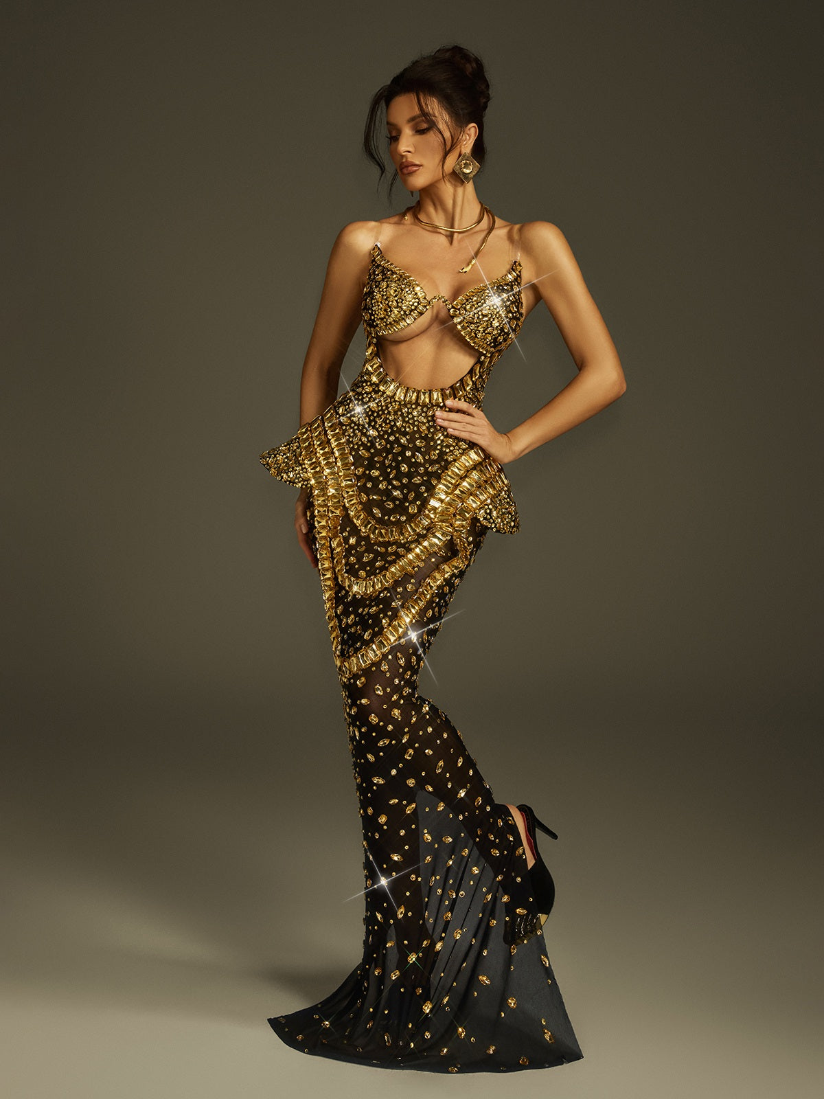 Sweetheart Crystal Midriff Cutout Sculpted Hip Mermaid Gown