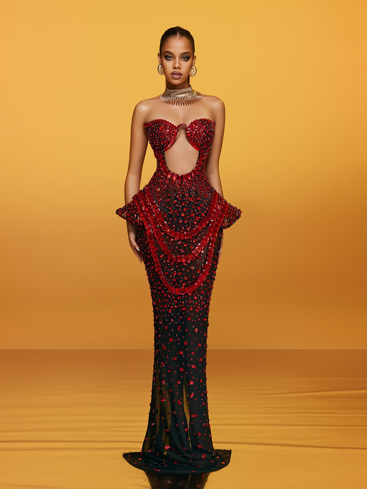 Strapless Sweetheart Keyhole Crystal Peplum Draped Mermaid Gown