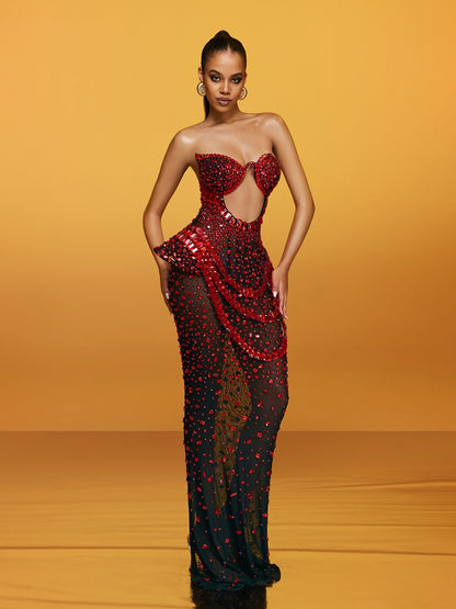 Strapless Sweetheart Keyhole Crystal Peplum Draped Mermaid Gown