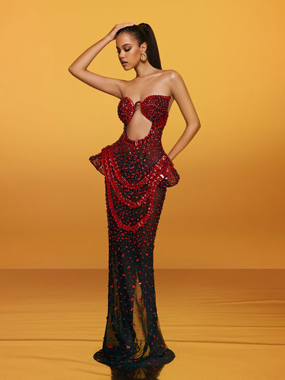 Strapless Sweetheart Keyhole Crystal Peplum Draped Mermaid Gown