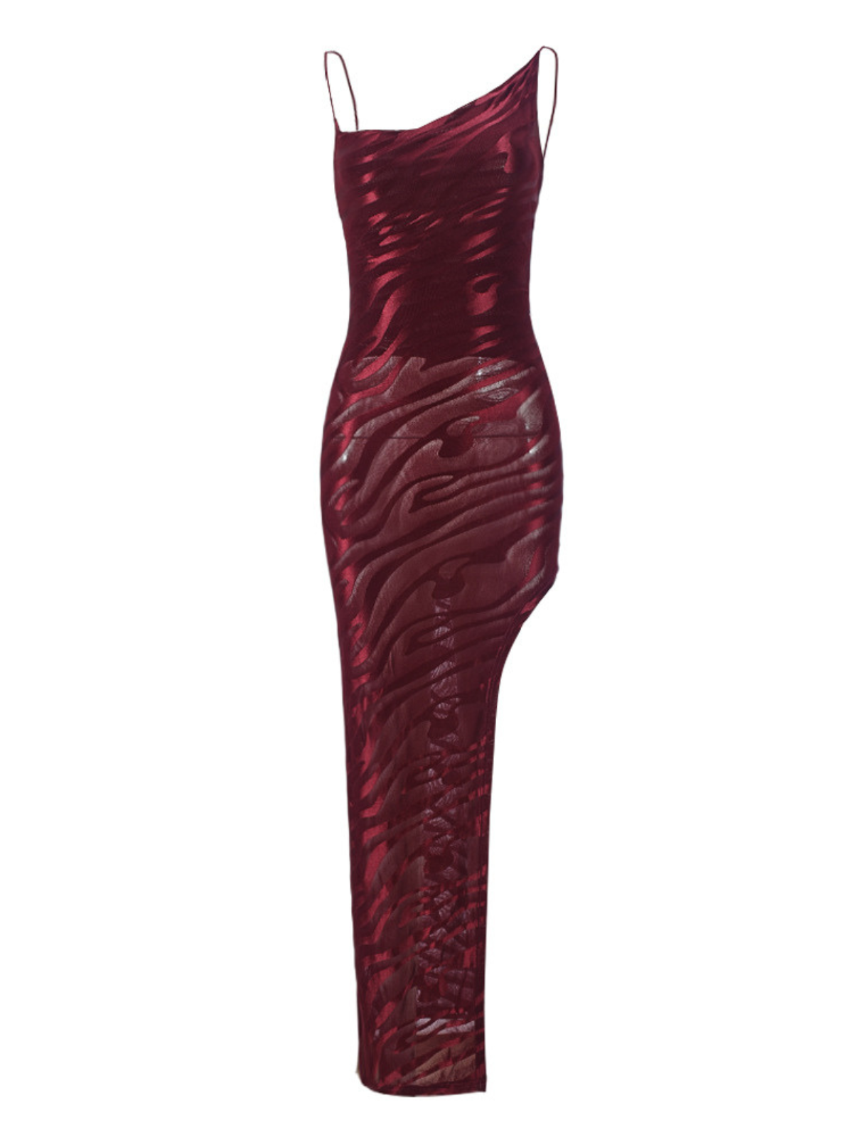 Cowl Neck Spaghetti Strap Jacquard Burnout High Slit Maxi Dress