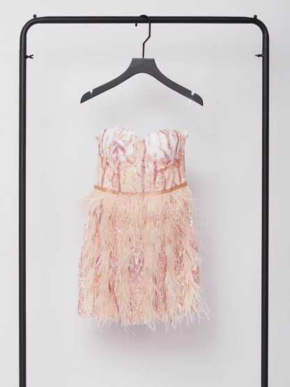 Strapless Sweetheart Velvet Sequin Wave Ostrich Feather Trim Mini Dress